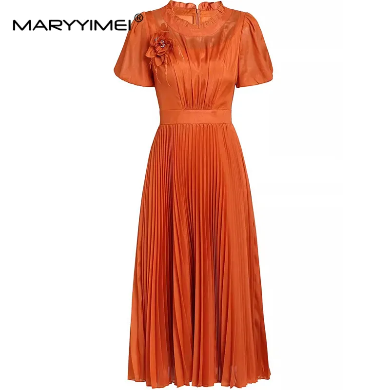 

MARYYIMEI Fashion Summer Women's Pleated Dress Appliques Puff Sleeve Solid Color High Waiste Elegant Dresses