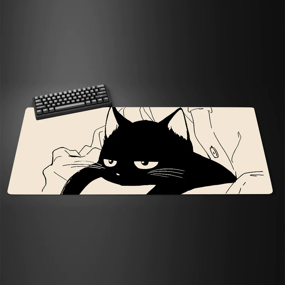 Black Ink Cat Anime Mouspad XL Extended Computer Keyboard Pad Large Cute Kawaii table mat Office With Anti-Slip Rubber Base pads