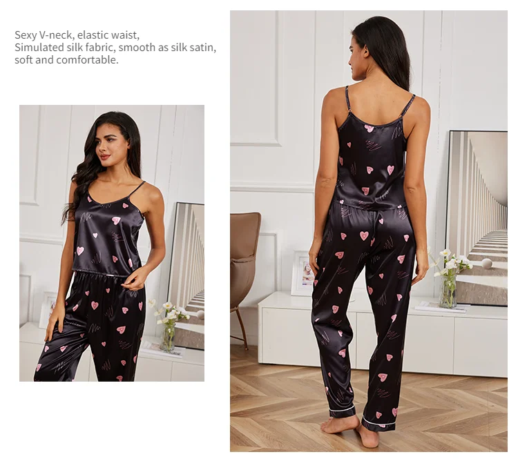 Damen Hauskleidung sexy V-Ausschnitt Pyjama Seide Pyjama Set Nachtwäsche Satin Cami Weste mit Hose Pyjama 2 Stück Sets Lounge wear – Detail 10