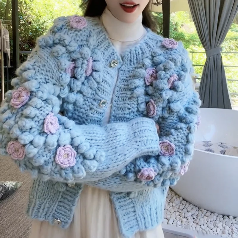 MEXZT Cropped 3D Flower Knitted Cardigan Women Sweet Short Sweater Coat Harajuku Single Breasted Knitwears Korean Casual Jumper