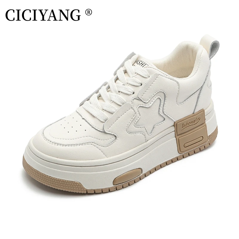 CICIYANG-Baskets à Plateforme en Cuir group pour Femme, Chaussures Plates, Rondes, à Lacets, Épaisses, Blanches, de Printemps