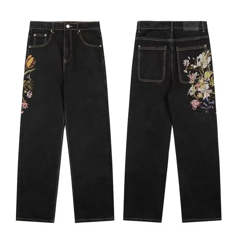 

Y2K Harajuku американские хип-хоп джинсы с цветочной вышивкой модные свободные мужские и женские джинсы с широкими штанинами готическая уличная одежда
