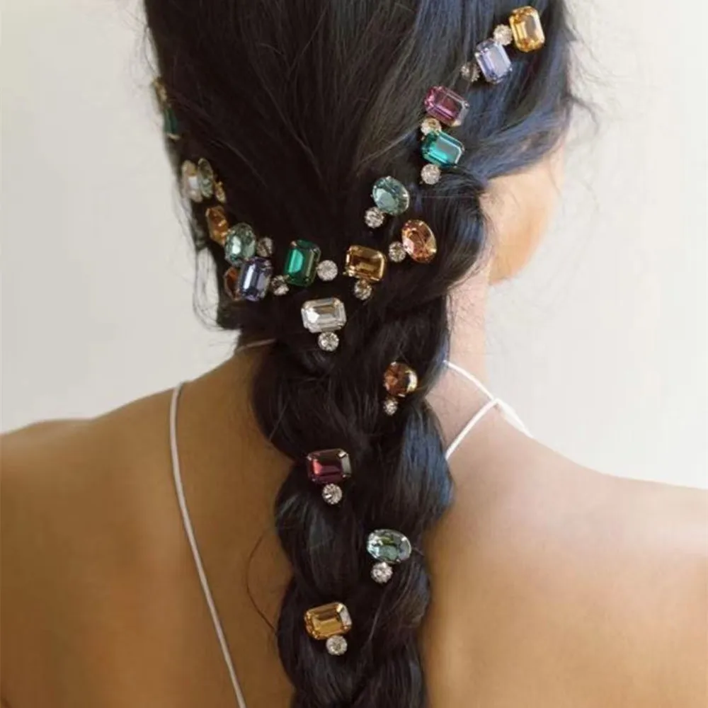 Luxury Crystal Square Gemstone Braided Hairpins Barrettes Hair Jewelry for Women Shiny Rhinestone Geometric Hair Clips Headwear