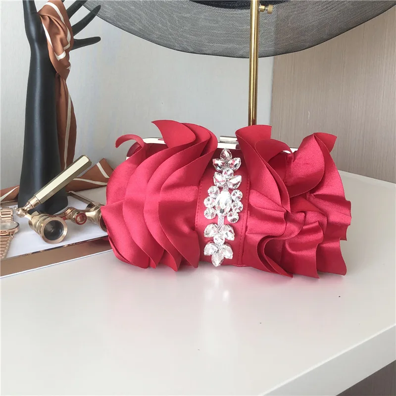 Retro Elegant Evening Bags Blue Green Red Silk Clutches For Women Wedding Party Handbags Banquet Rhinestone Chain Shouler Bags