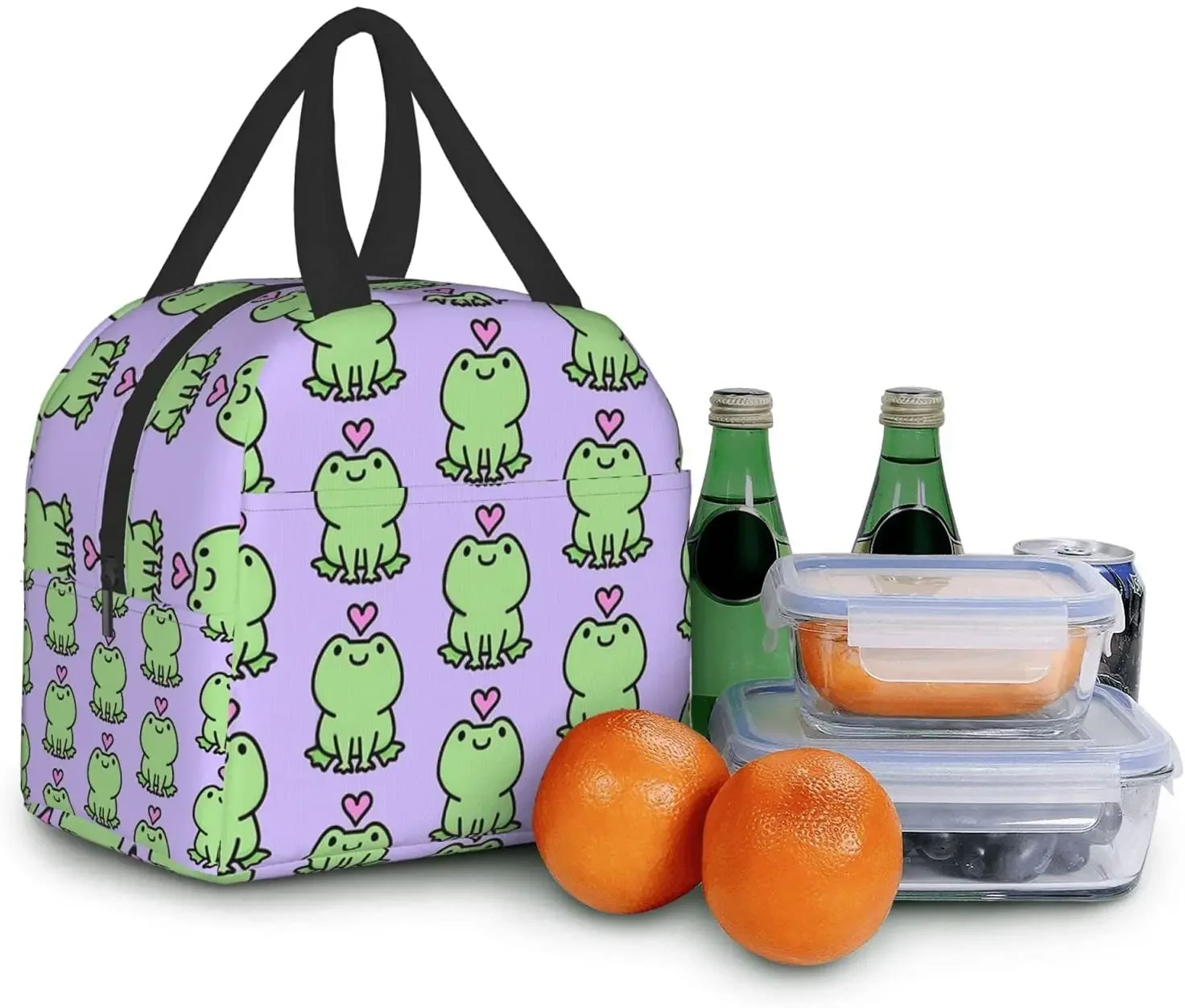 Kawaii Frog Love Lunchbox, wiederverwendbar, Thermo-Lunch-Tasche, Lebensmittelbehälter, Bento-Einkaufstasche für Damen, Herren, Erwachsene, Arbeit, Reisen, Picknick