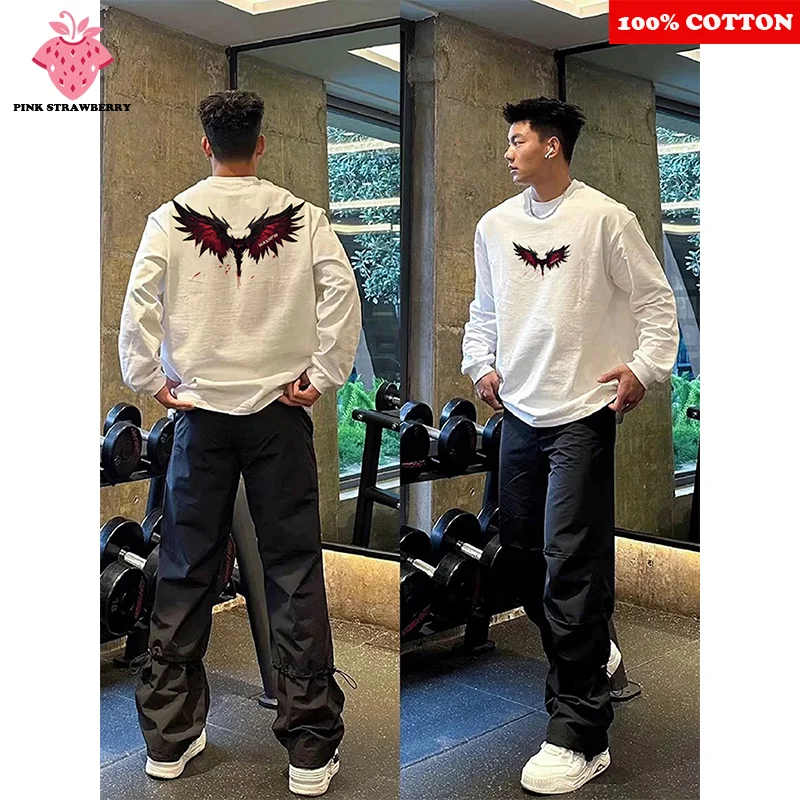 

American Style Wing Print T-shirt Men Autumn 2025 New 100%Cotton Oversize O-Neck Loose Long sleeves T-shirt Top Y2k Man clothing
