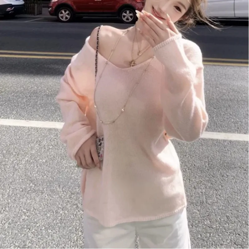 

Casual V-Neck Loose Thin Knitted Sweater Women Autumn Long Sleeve Pullover Office Lady Japan Fashion Chic Y2k Vintage Clothing