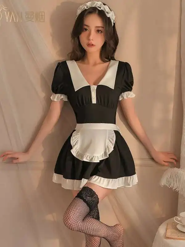 Bielizna Fun Manyan seksowna głęboka V drewniana koronka z uszami z tyłu koronkowa drążona pokojówka zestaw mundurków 9152 RL97