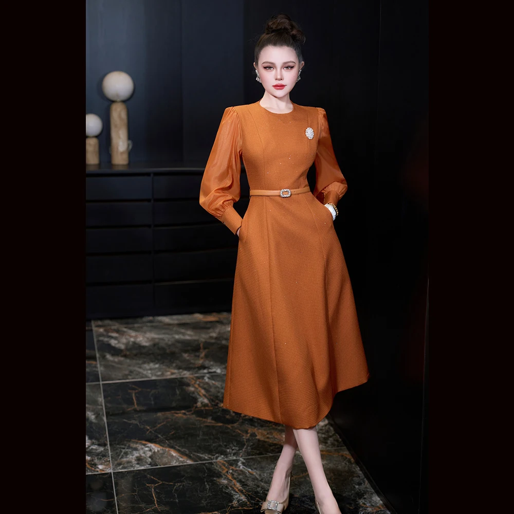 

Meyyithun Women's Dress Fashion Party Dress Lantern Sleeved Round neck B Solid Color A-Line Dresses With Belt Office Dress