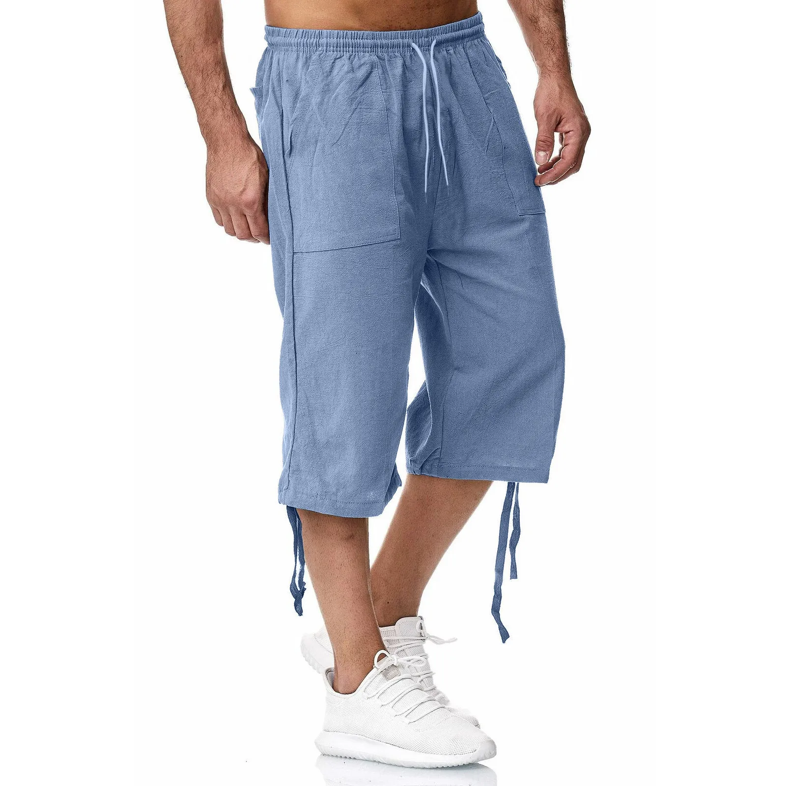 Men Cropped Trousers Summer Pants Baggy Loose Casual Side Drawstring Pants Elastic Waist Trousers Men\'S Imitation Linen Pants