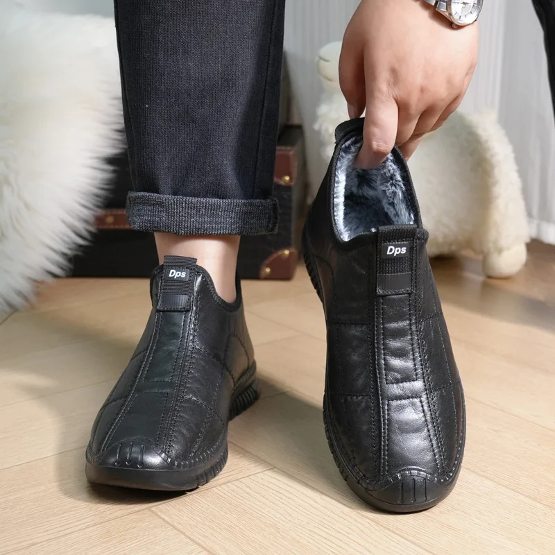 Botas de invierno de lana gruesa para hombre, antideslizantes, impermeables, ligeras, informales, de cuero de gran tamaño, fáciles de usar, botas perezosas