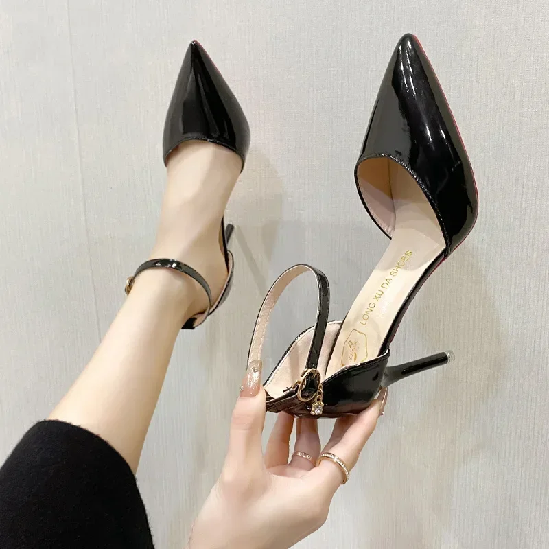 Summer New Sandals Pointed Toe Shoes Women Thin Heel Shallow Mouth Strap Buckle High Heels Patent Leather Simple Women's Shoes