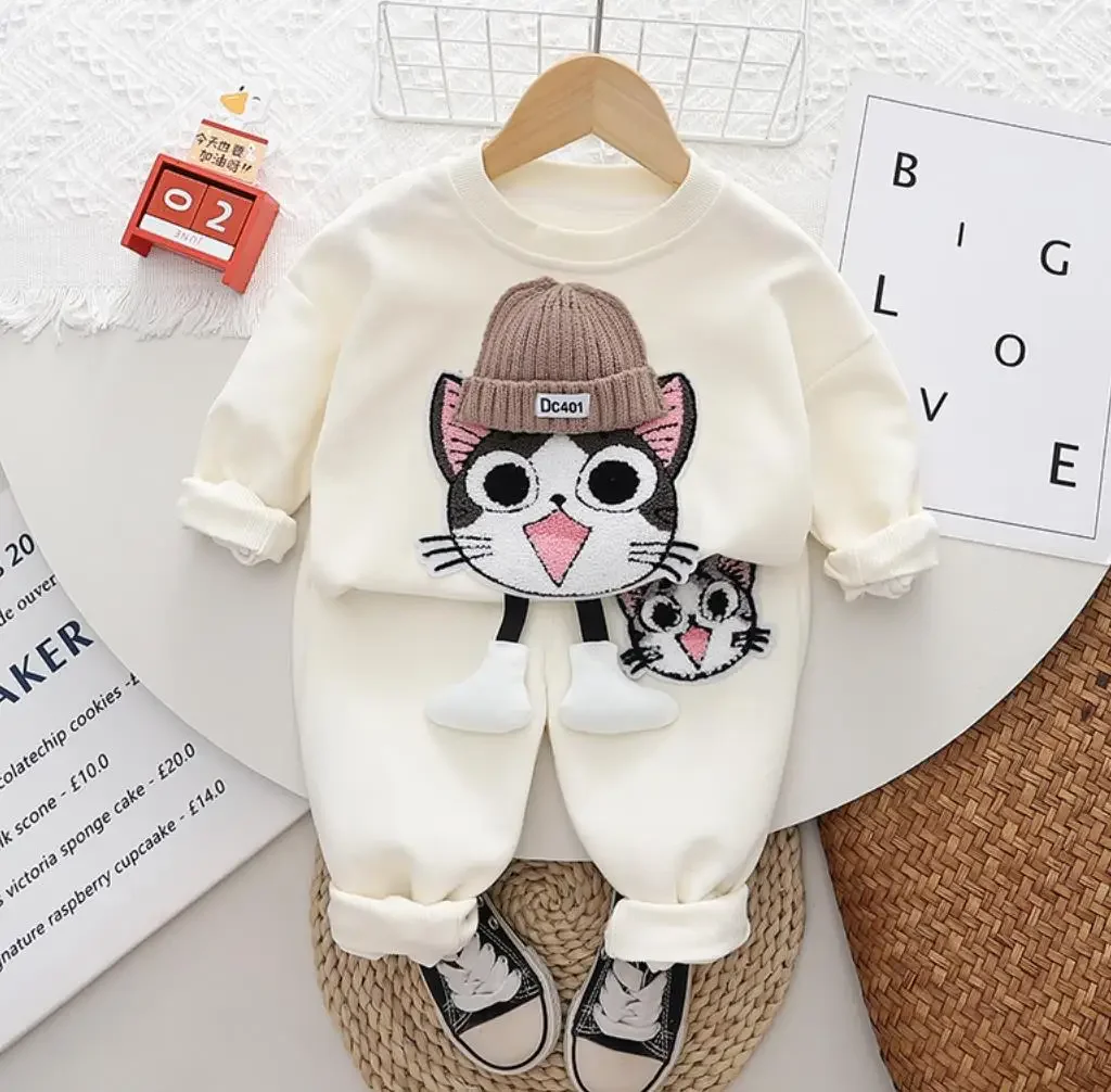 Children Girls Autumn Clothing Suits 1 To 5 Years Cartoon Sports Floret Cat Long Sleeve T-shirts and Pants Kids Jogging Suits