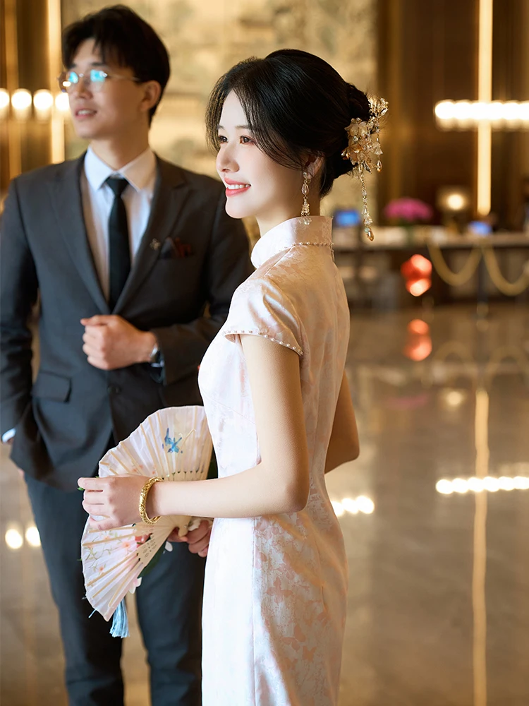 

Stunning Pink Qipao Wedding Dr Ele Retro Sle ort Sve Breathable Polyester Lycocell Low Slit for Engagement And ...