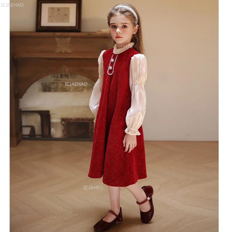 New Red Girls Party Dress Christmas Season Long Sleeve Formal Daily Wear Kids Dresses Princess Gown Simple Sweet Style Birthday