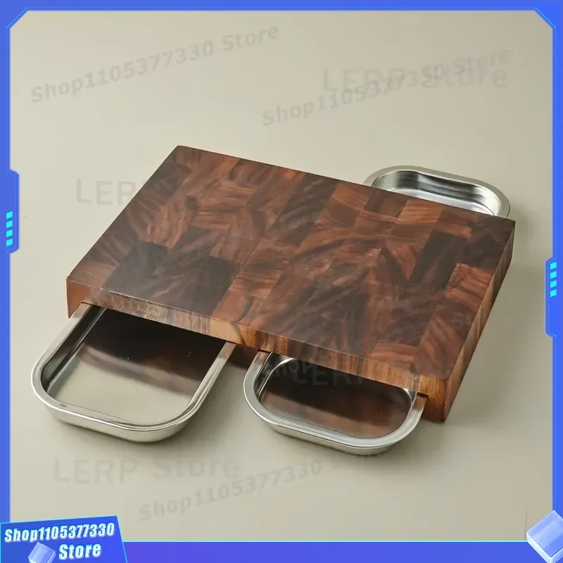 Solid Walnut Wood Cutting Board with Stainless Steel Tray for Kitchen Fruit Chopping Household Solid Wood Chopping Block