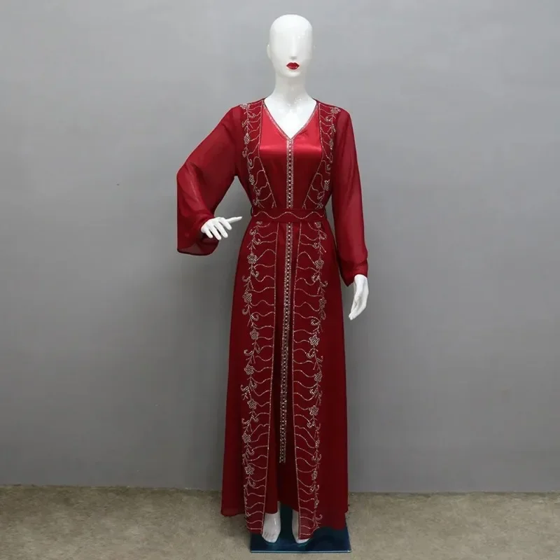 Vestidos musulmanes de moda de otoño para mujer, vestido Abay largo musulmán de manga larga con cuello en V para fiesta y noche, trajes interiores y Abaya