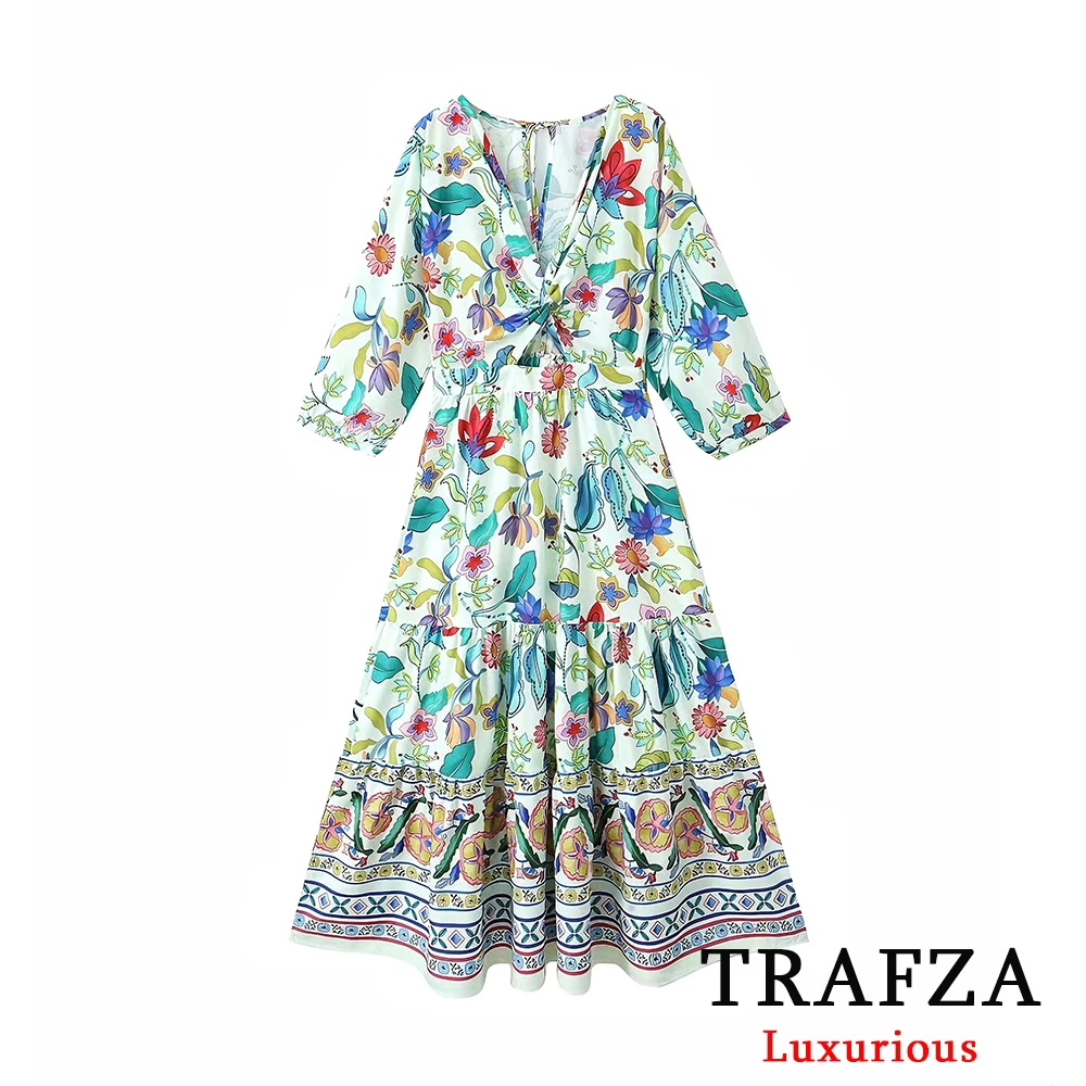 TRAFZA Boho Flower Print Women Long Dress Fashion 2024 Summer Long Sleeve V Neck Ruffles Holiday Dress Vintage Party Dress