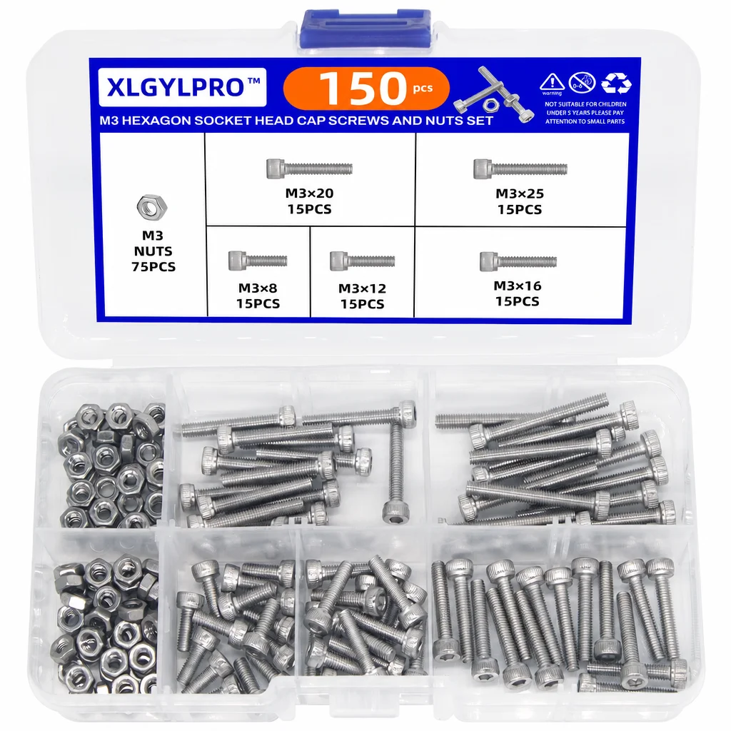 XLGYLPRO 150PCS Hex Head Screw And Nut Set, M3 Stainless Steel Screw Series, For Small DIY Repair Projects