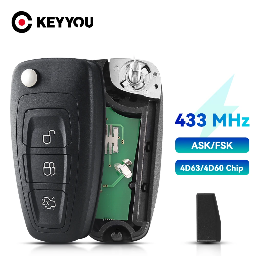 

KEYYOU 3 Buttons 4D63 4D60 Chip 433Mhz ASK FSK Flip Key Fob For Ford C-Max Focus Fiesta Mondeo Remote Keys Control HU101 Blade