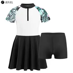 Fato de banho de 2 peças para meninas, gola, mangas curtas, zíper frontal, vestido de banho com fundo, roupa de banho infantil