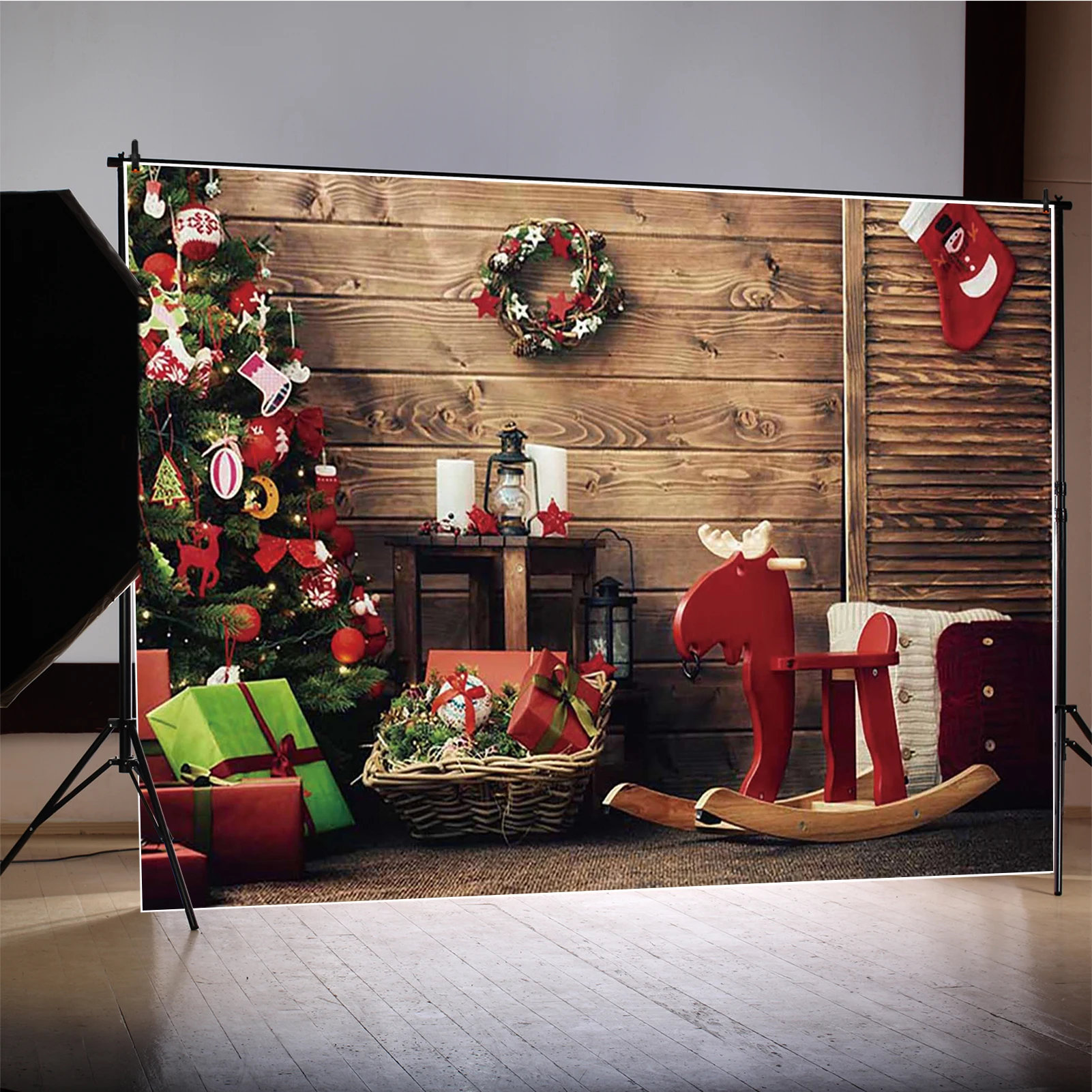 MOON.QG Winter Christmas Backgrounds Warehouse Cabin Wreath Photography Backdrop Photography Accessories Photo Studio Photozone