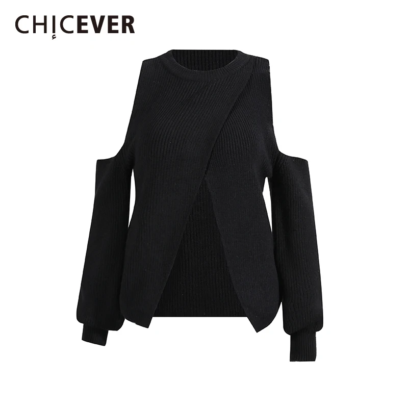 

CHICEVER Black Spliced Folds Sweater Female O Neck Long Sleeve Off Shoulder Loose Sweet Edgy Women's Sweaters Autumn New Fashion