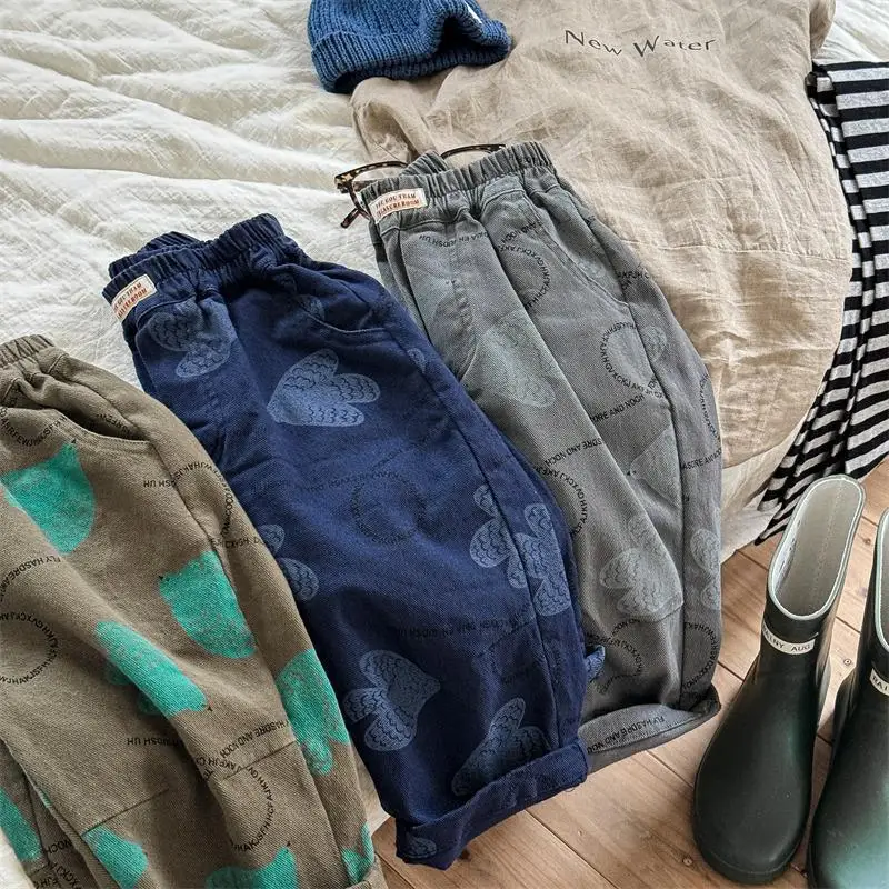 Korean Spring Autumn Kids Boy Pants Contrast Print Casual Infant Babys Boys Harem Pant Elastic Wiast Sticker Little Boy Trousers