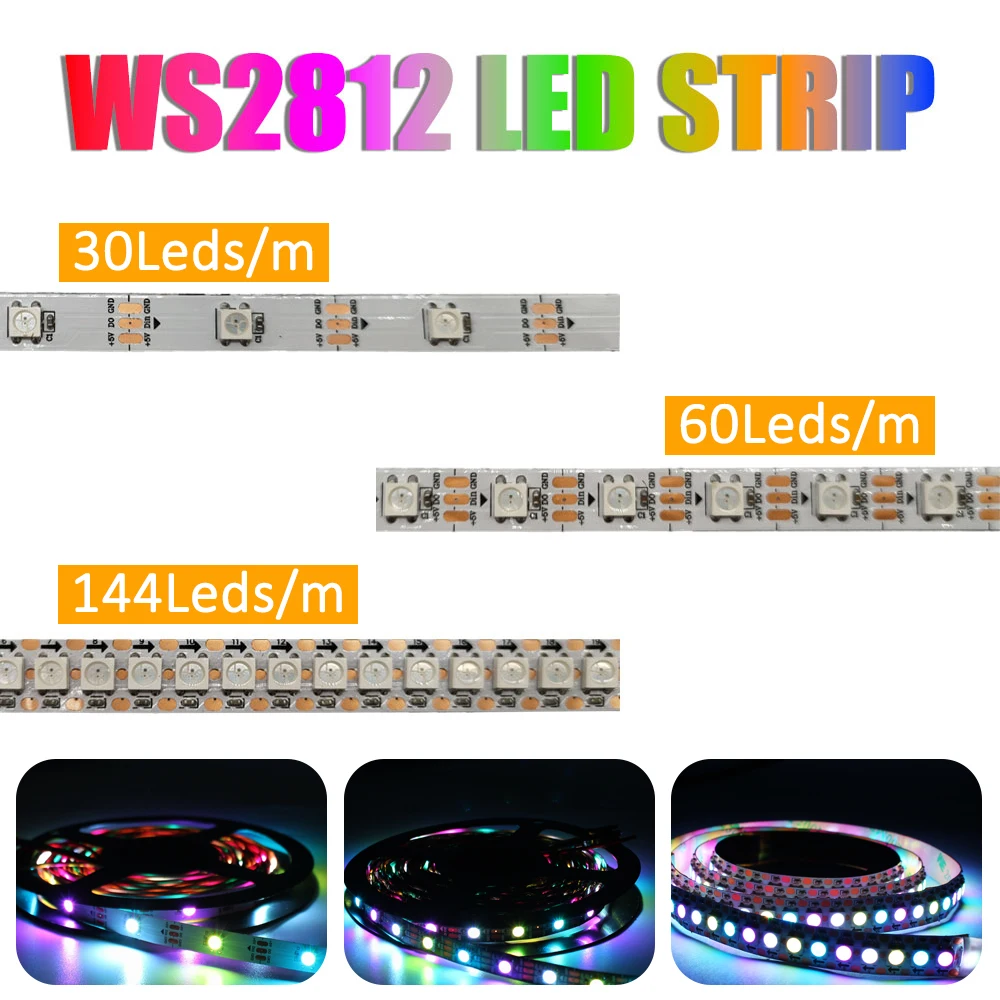 DC5V WS2812B Led Light Strip WS2812 5050 Full Color RGB Smart Pixel Individually Addressable Black/White PCB 30/60/144led IP30