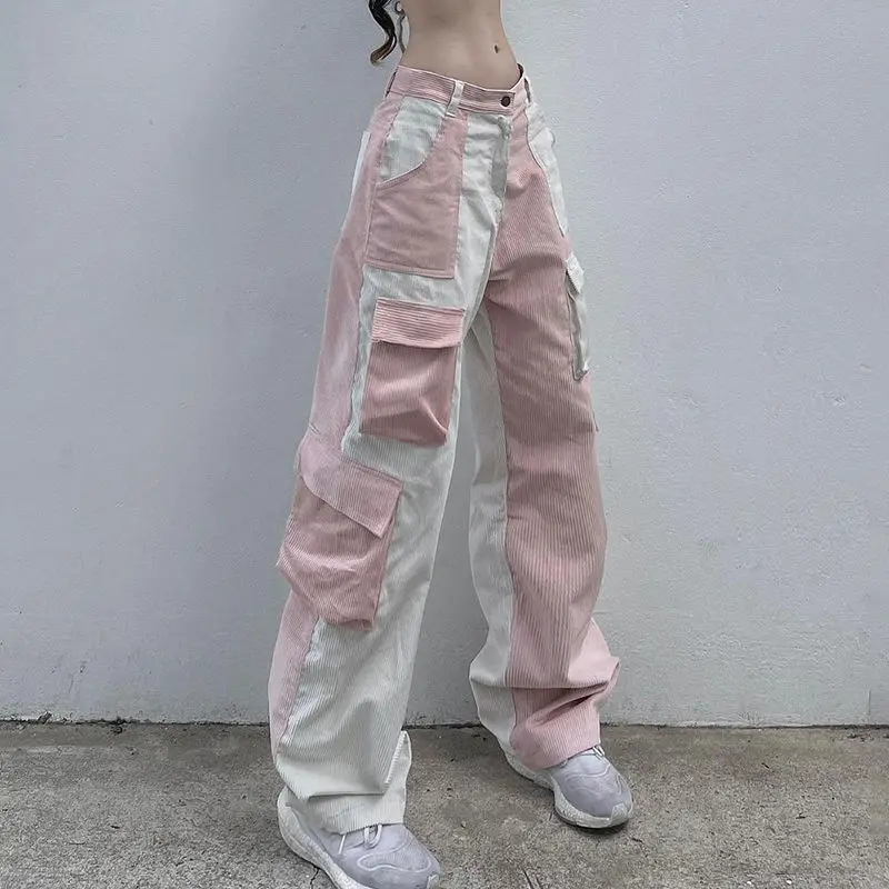 Cargo Pants Contrast Stitching Multi-Pocket Corduroy Pants Women Baggy Trousers 2024 Streetwear Fashion Casual Loose Trousers