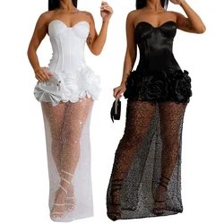 Women Dress Sexy Dresses Long Mesh Maxi Vestidos Hot Drilling Backless Sleeveless Sling V Neck Slim Party Night Prom High Waist