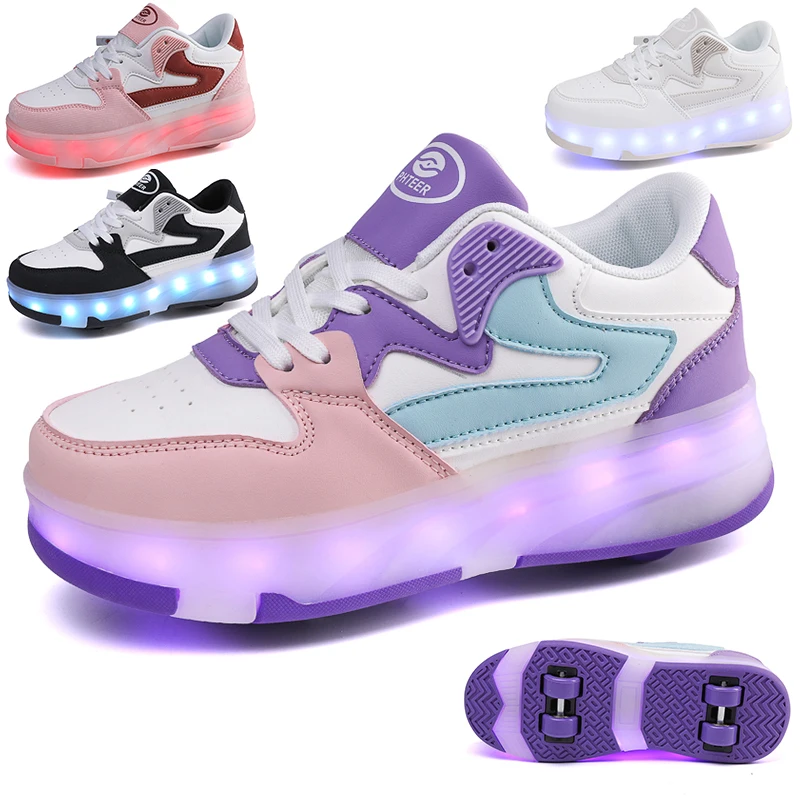 2024 Designer Girls Boys Roller Skate Shoes 4-Wheels New Lovely Sneakers bambini autunno Leather LED Luminous Shoe ricarica USB