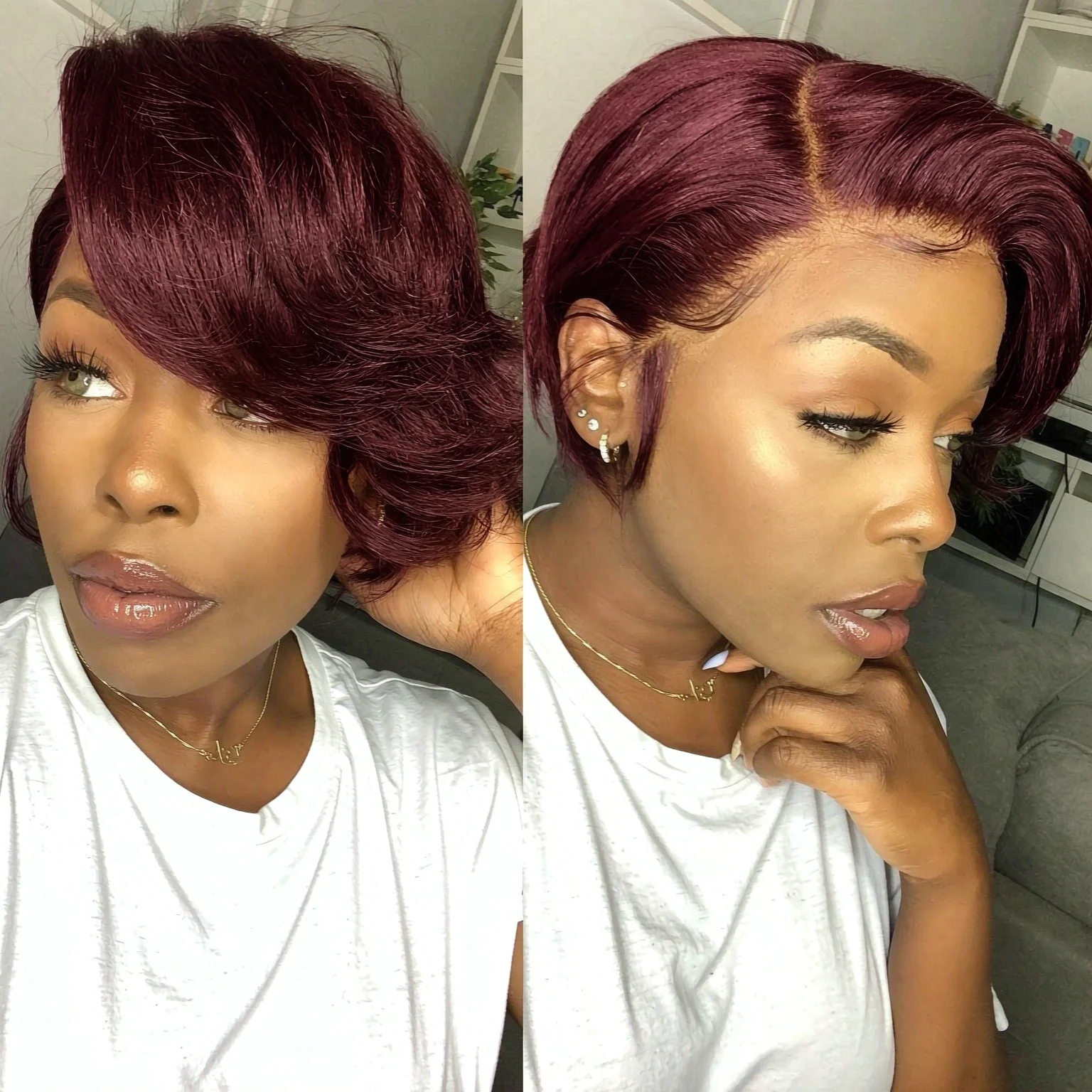 Glueless 99J Pixie Cut Wig 13x4 HD Lace Front Human Hair Short Straight Bob Pre Plucked Baby Hair Natural Look for Black Women