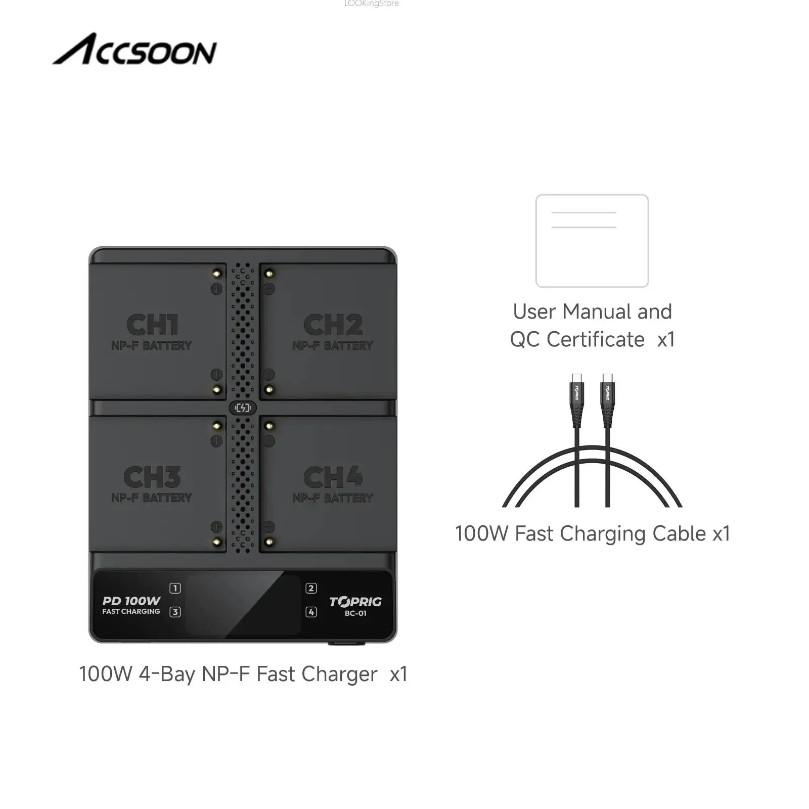 

Accsoon TOPRIG 100W 4-Bay NP-F Fast Charger 4-Channel NP-F Battery Charger with LCD Display for Sony NP-F550 NP-F750 NP-F970