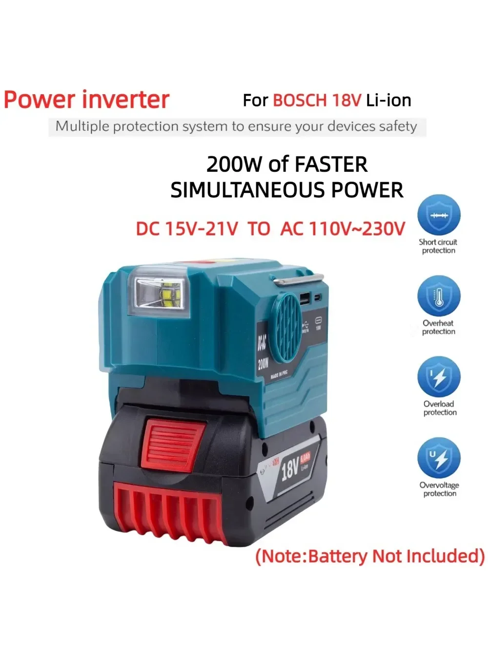 Onduleur de puissance 200 W pour adaptateur de batterie lithium-ion BOSCH 18 V avec prise 110 V ~ 230 V AC avec lumière LED USB (sans batterie)