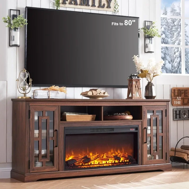 JXQTLINGMU Kamin-TV-Ständer mit 36 Zoll elektrischem Kamin für 75 80-Zoll-Fernseher, 32 Zoll hohes Highboy-Entertainment-Center auf dem Bauernhof