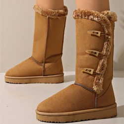 Women Snow Boots Winter Mid-calf Boots Warm Cotton Shoes Cold Fashion Solid Color Button Ladies Brown Long Boots Plus Size 41