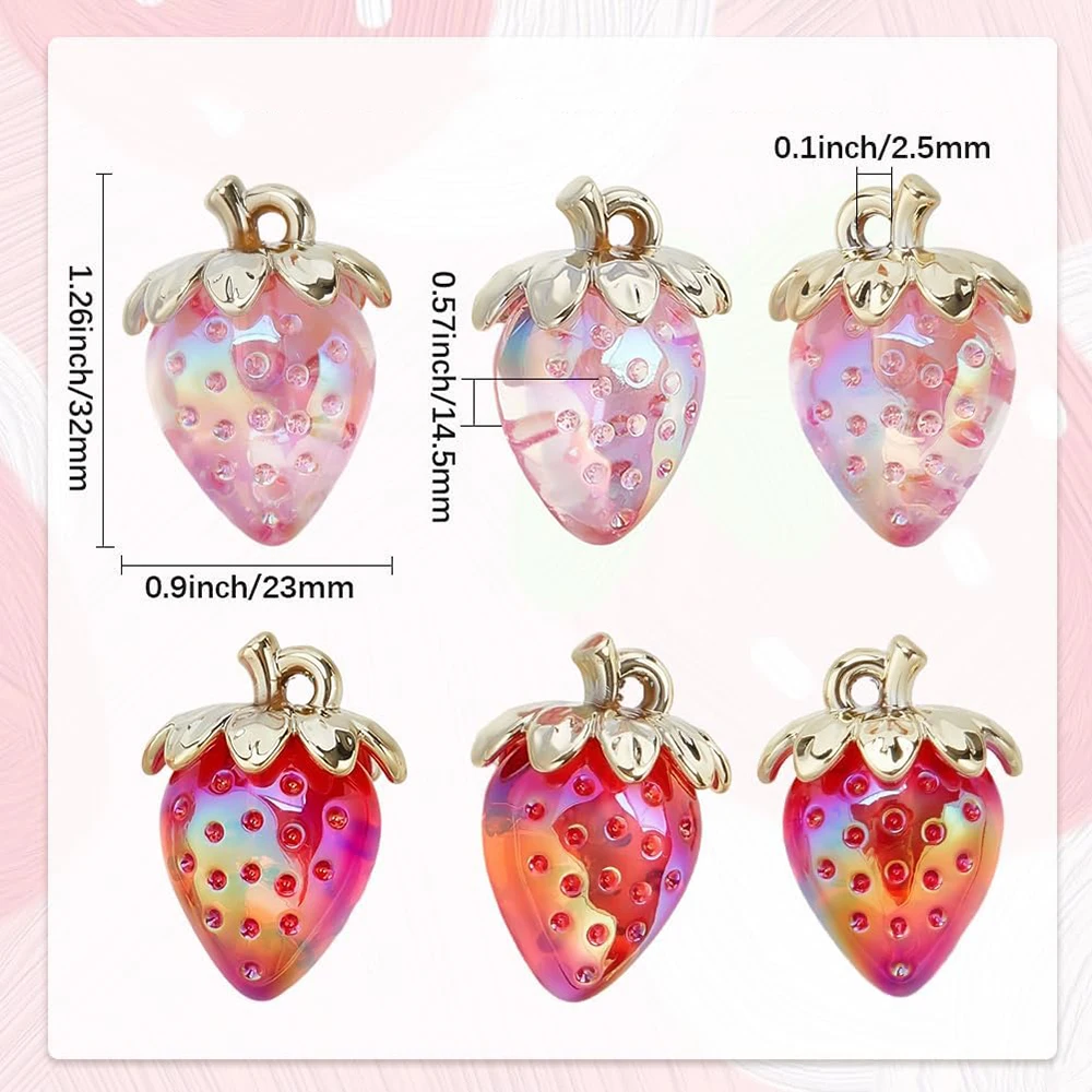 10Pcs Acrylic Strawberry Pendants 3D Fruit Cute Ornament Decoration for Jewelry Making Earrings Necklace Bracelets DIY Crafts
