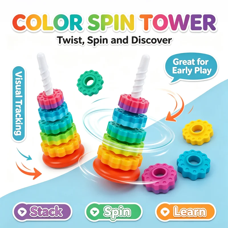 Happy Kids Education - Montessori Rotating Rainbow Tower Baby Stacking