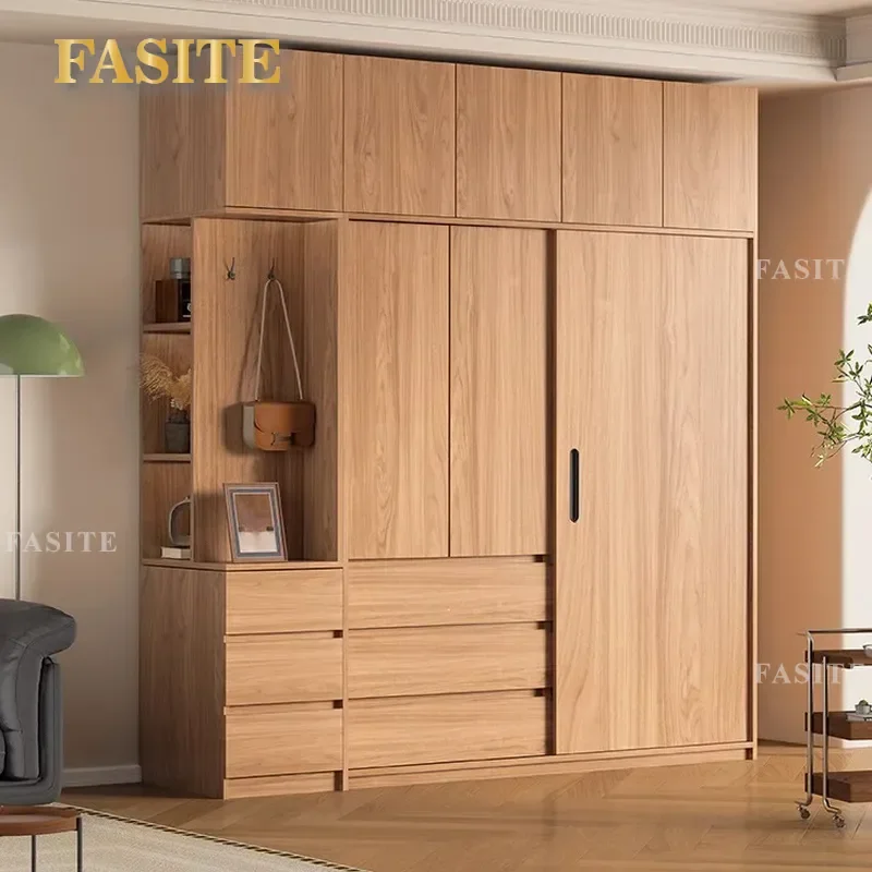 straight hair solid wood wardrobe household bedroom log color ribbon drawer segmented sliding door storage