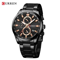 CURREN  New Sports Multifunction Stainless Steel Band Watches Fashion Brand Quartz Men's Wristwatches with Date