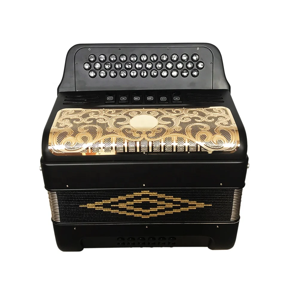 Professional Diatonic 34-Button 12-Bass 6-Register Wood Accordion Instrument Black Matt Body Gold Grill Buttons