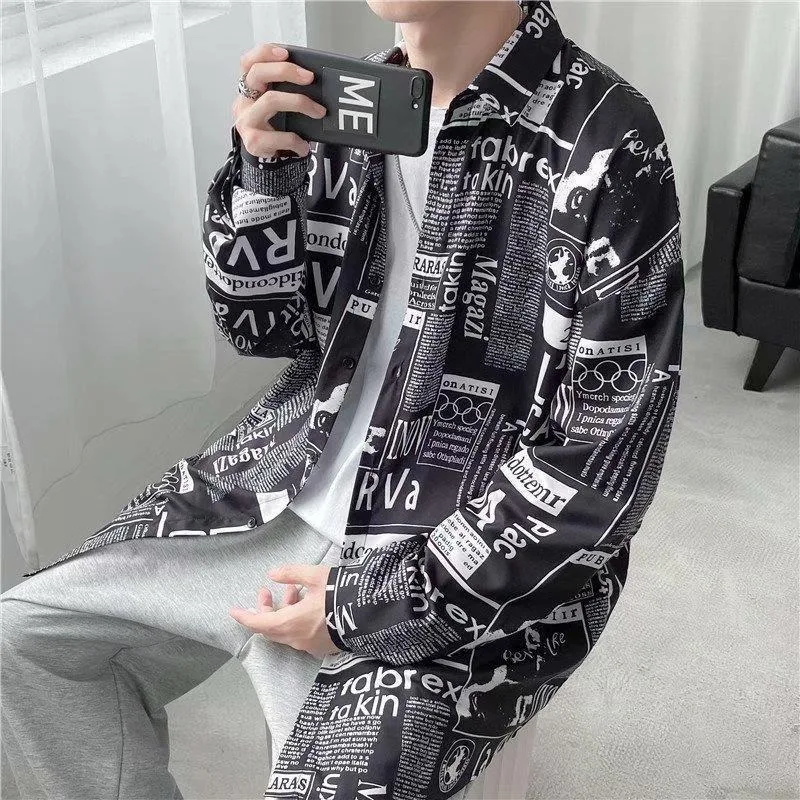 Versatile Hong Kong Style Long Sleeved Shirt Men's Ins Trendy and Versatile Loose Newspaper Shirt Trendy Brand Korean Jacket