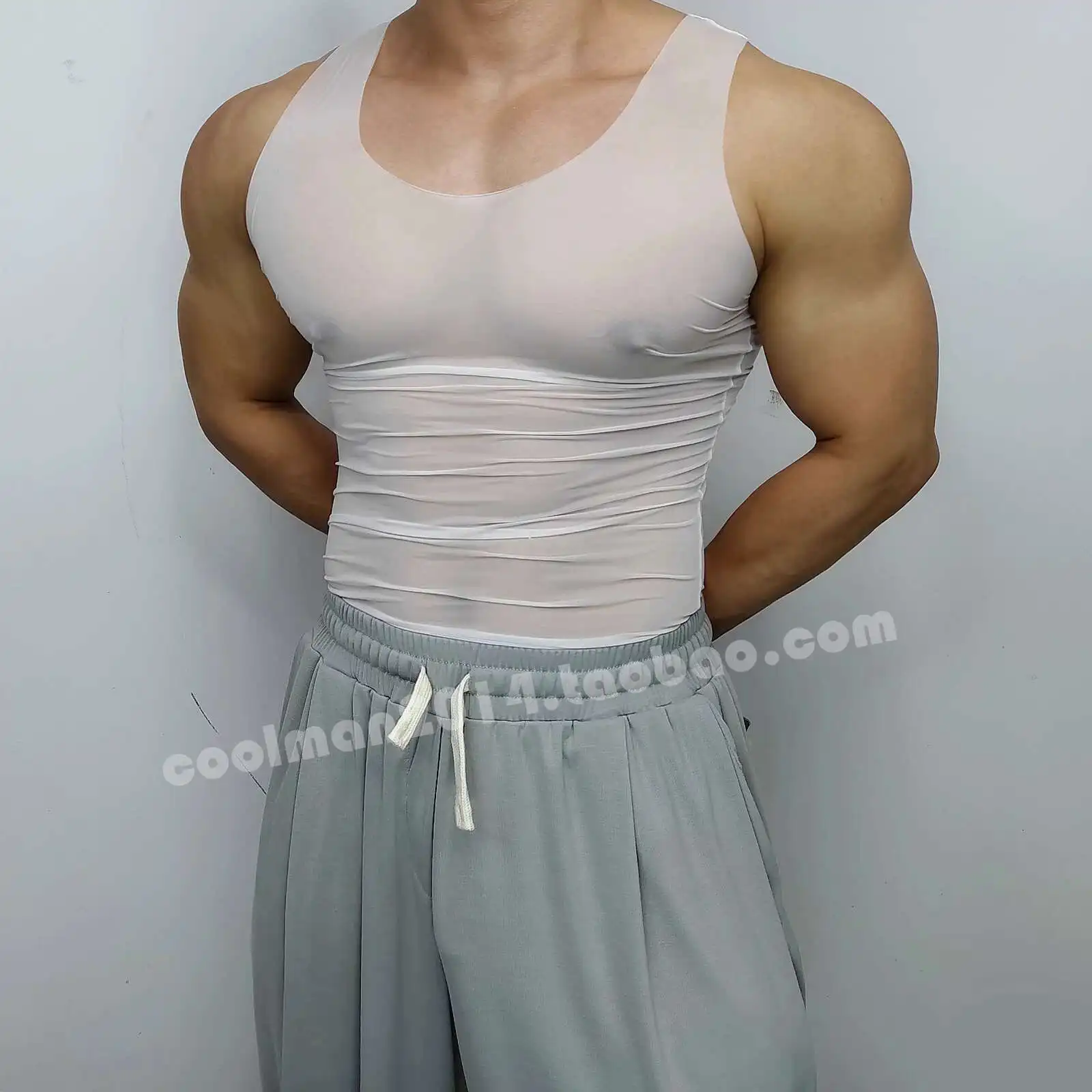 

Summer ice silk see through men sports fitness tank top Ultra thin sexy plus size knitted t shirt streetwear