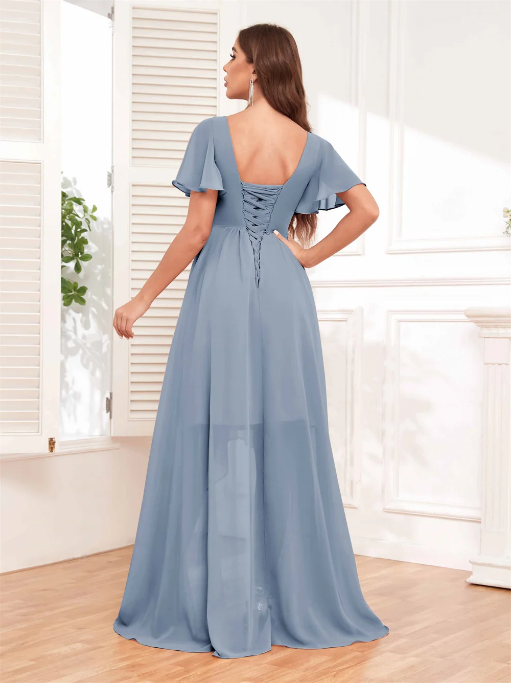 Off the Shoulder V-neck Chiffon Bridesmaid Dress Short Ruffles Sleeves Evening Gowns Pleated Corset A-line High-Low Formal Party