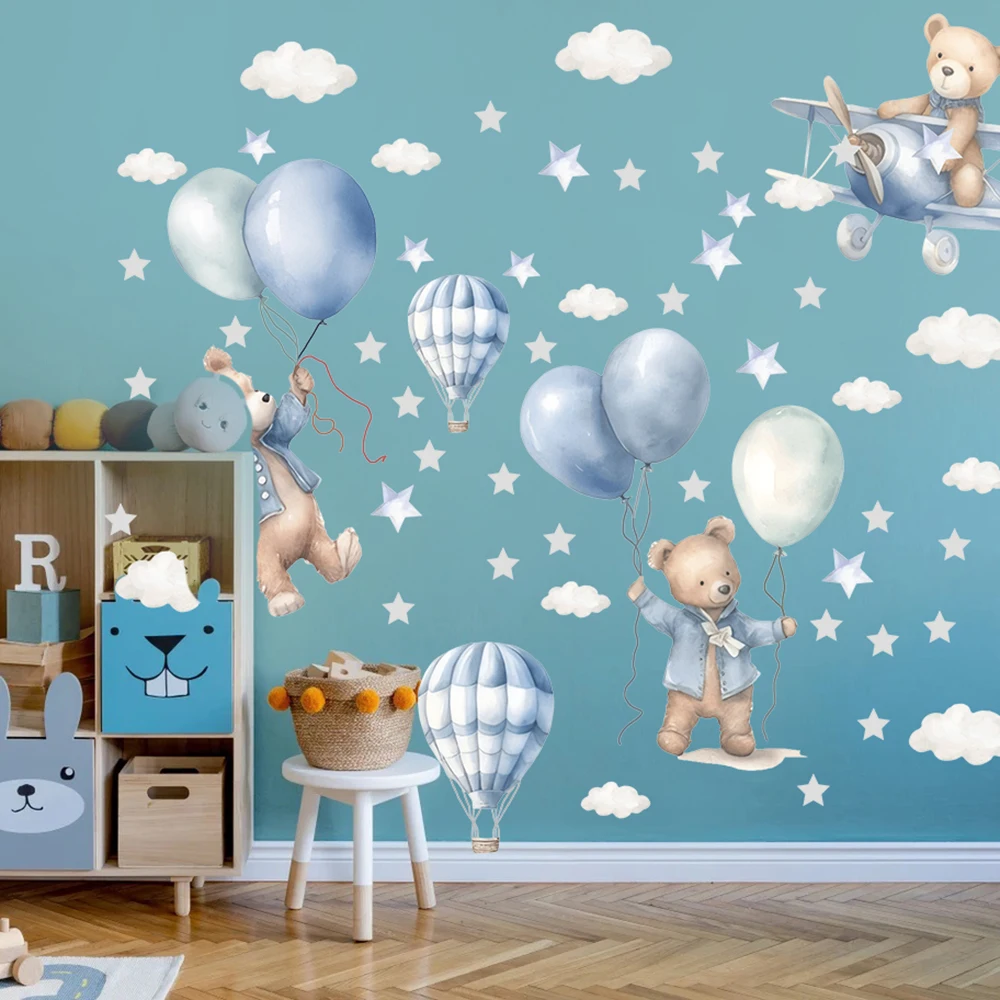 Cartoon Bear Airplane Hot Balloon Star Wall Stickers Boy Room Kids Room Birthdays Clouds Wall Decals Playroom Home Decor