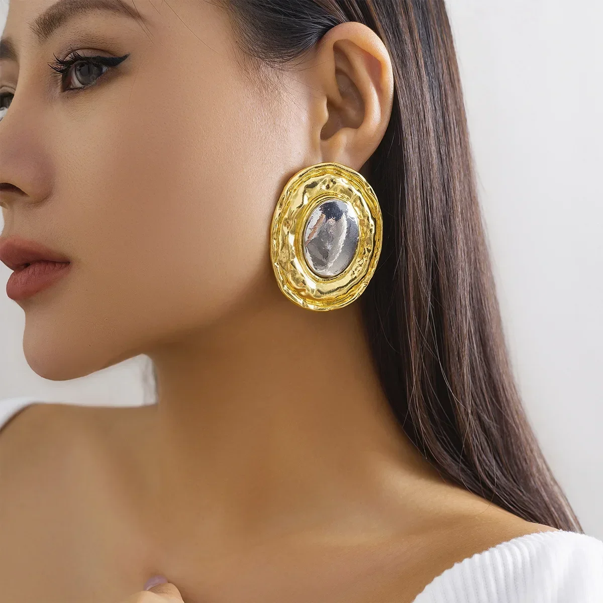 Personality Hip Hop Style Chunky Oval Large Stainless Steel Dangle Earrings Rock Golden Silver Color Metal Glossy Hammered Hoops
