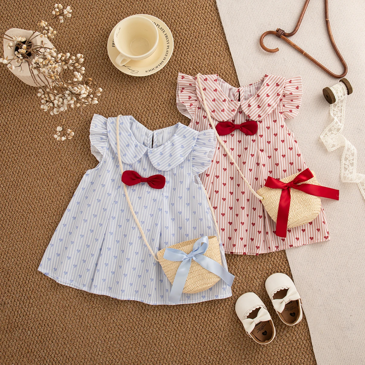Mädchen Kleid Sommer Voller Druck Liebe Kragen Kurzarm Baby Mädchen Kleid Lässig Gestreiften Mädchen Prinzessin Kleid Baby Kleidung Mädchen