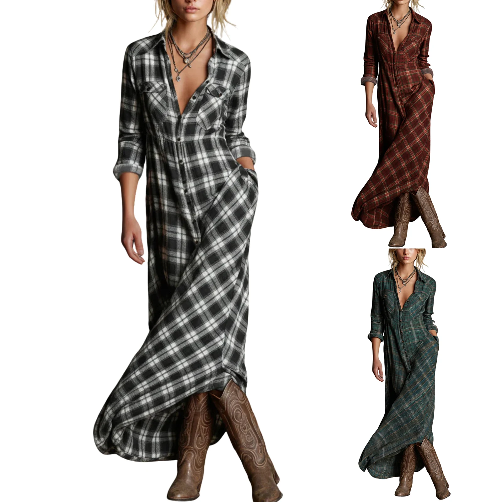 Women Fashion Plaid Dress Classic Lapel With V Neck Comfort Dress Female Daily Outdoor Casual Style Comfortable Long Dress