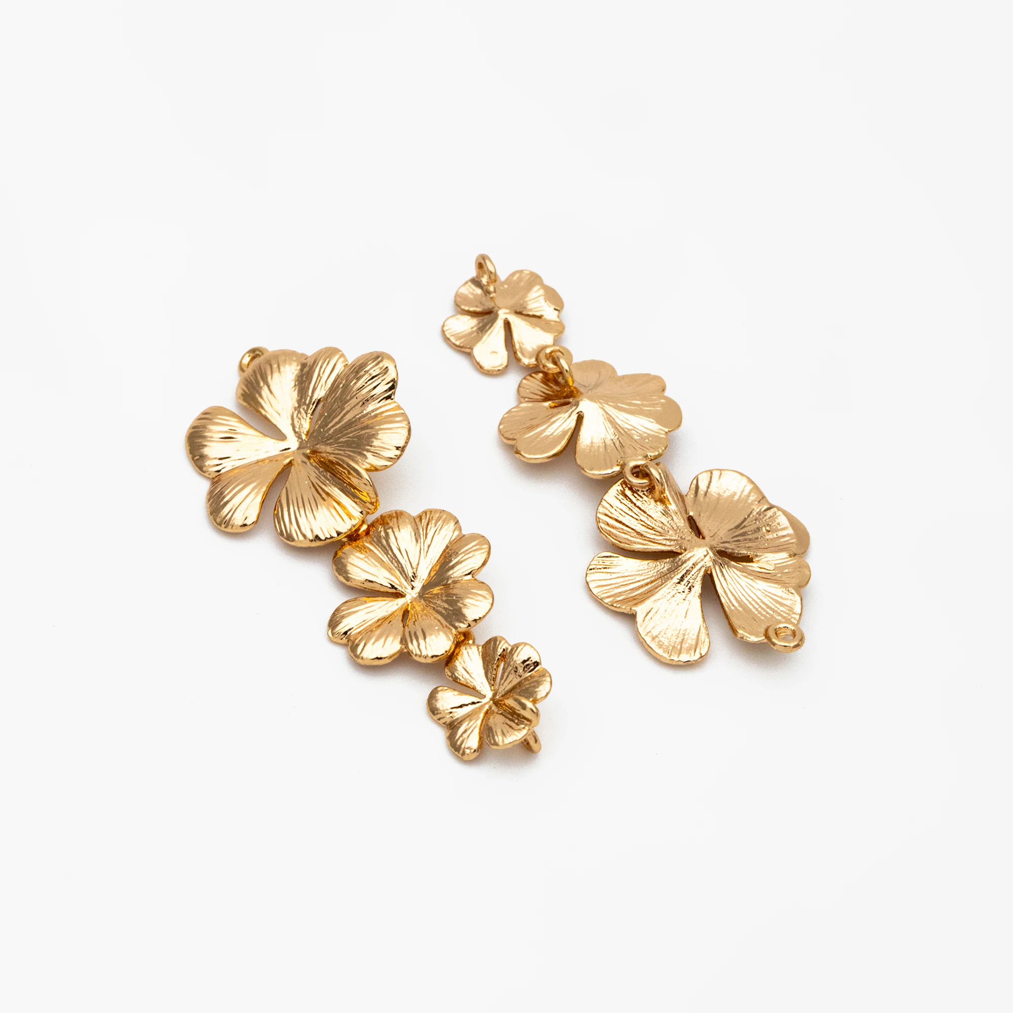 4pcs Gold Four Leaf Clover Charm Connectors 40x16mm, Real Gold Plated Brass, Flower Pendants with Two Loops (GB-4391)